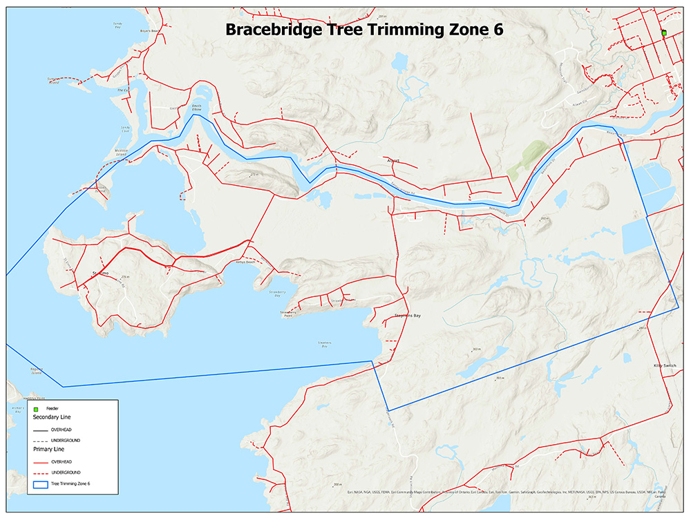 Map showing Bracebridge Tree Trimming Zone 6